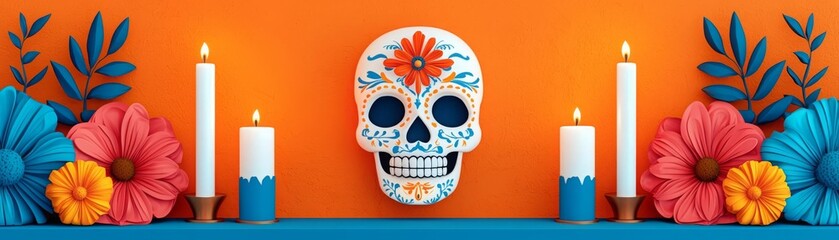 Colorful skull with flowers and candles, vibrant background