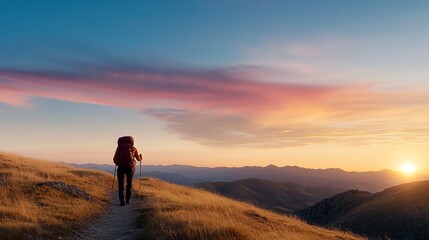 Hiker on Scenic Trail at Sunset in Mountain Landscape
