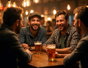  Men laughing and relaxing with beer at a pub for a social gathering, bonding, and happy hour. Friends smiling, enjoying conversation, drinks, and weekend reunion