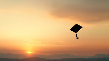 Graduation Cap Soaring Against Sunset Background