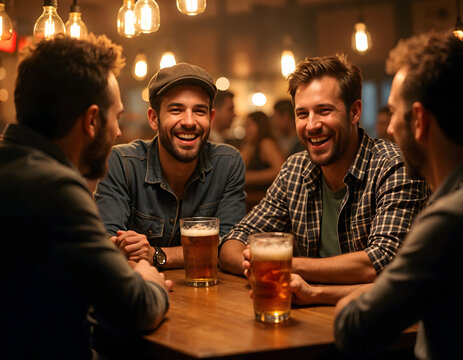 Men laughing and relaxing with beer at a pub for a social gathering, bonding, and happy hour. Friends smiling, enjoying conversation, drinks, and weekend reunion