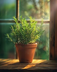 Fototapeta premium Rosemary Plant in Terracotta Pot on Rustic Wooden Table in Sunlight