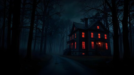 haunted house in the woods, murder mystery story with a dark house at night, the windows have a red glow to them and the creepy darkness extends to a street and a forest, wallpaper