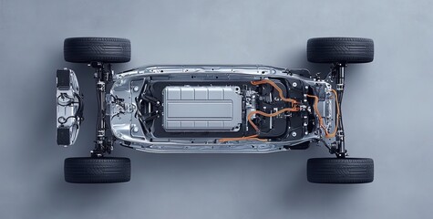 A detailed view of the electric vehicle's frame, showcasing its battery and motor components in an overhead perspective. 