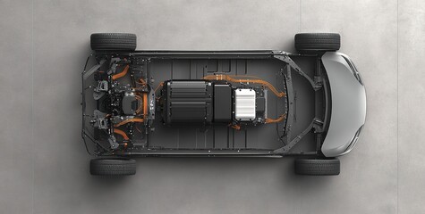 A detailed view of the electric vehicle's frame, showcasing its battery and motor components in an overhead perspective. 