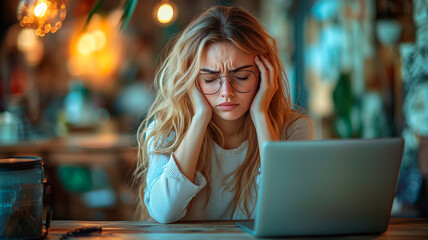 Stressed Young Woman Working on Laptop, Holding Her Head in Frustration