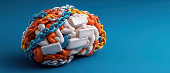 Naklejka premium Colorful Chains and Brain Concept on Blue Background