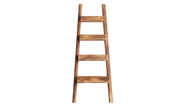 Wooden ladder with four rungs, standing upright on a white isolated background transparent background.