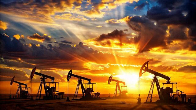 Silhouettes of oil pumps against the background of sunset