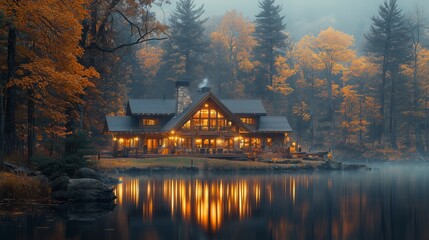 Fototapeta premium Cozy Rustic Lodge by the Lake at Night