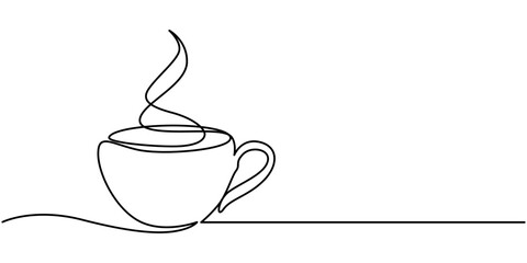 One continuous single line of hand drawn with cup of coffee decorated with heart symbol isolated on white background, Single continuous line art. Coffee cup tea cup morning cafe hot drink silhouette