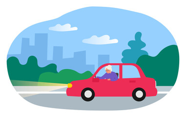 senior woman driving a car city street vector illustration