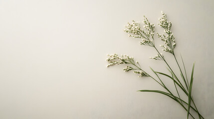 Minimalist Floral Arrangement with White Flowers on Beige Background.