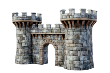 Medieval stone castle with towers and an archway, isolated on a white background. transparent background