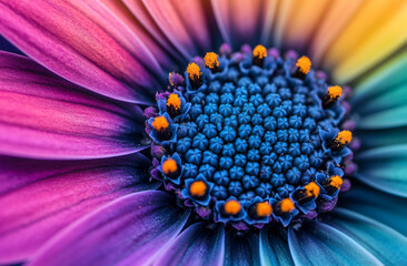 A close-up of the center, rainbow-colored petals of an African daisy flower.