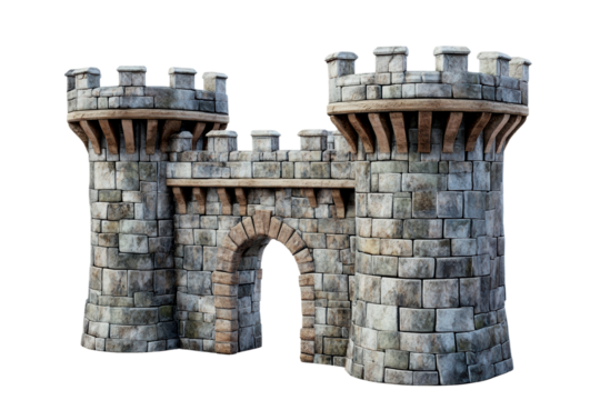 Medieval stone castle with towers and an archway, isolated on a white background. transparent background