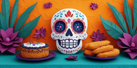 Colorful sugar skull with cake and cookies, vibrant backdrop