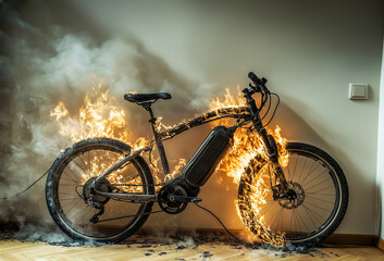 An electric bicycle is engulfed in flames while charging indoors, highlighting potential fire hazards and safety concerns associated with electric vehicles.
