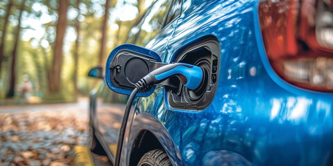 Close-up of a blue electric vehicle plugged into a charging station, set in a tranquil forest environment with sunlight filtering through the trees.