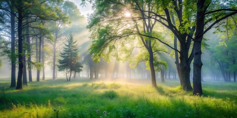 Misty morning in a serene forest glade, with a few wispy trees standing tall, soft diffused light filtering through the fog, and a subtle sense of mystery and tranquility.