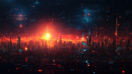 Fototapeta premium Futuristic Cityscape with Glowing Digital Lines and Lights