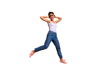 Full length side profile body size photo beautiful she her dark skin lady jumping high yell yeah triumphant champion wear casual jeans denim pants trousers tank-top isolated bright yellow background
