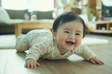 A joyful baby practices tummy time on a polished wooden floor in a cozy living room, his bright smile lighting up the room with infectious happiness and innocence.