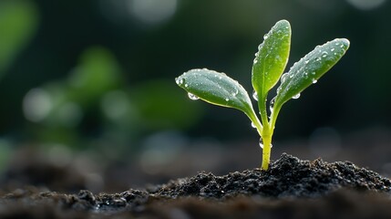Fresh Seedling Sprouting in Rich Soil with Dew Drops