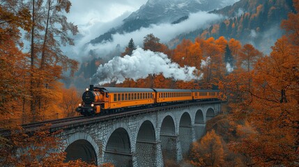 Fototapeta premium Scenic Train Passing Over a Bridge Surrounded by Nature