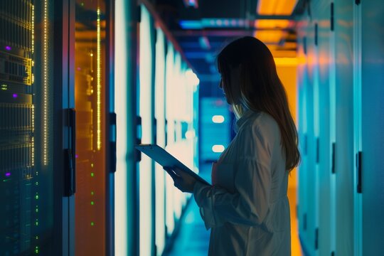 A woman in a white lab coat examines a tablet in a dimly lit server room, surrounded by softly glowing server racks on both sides.