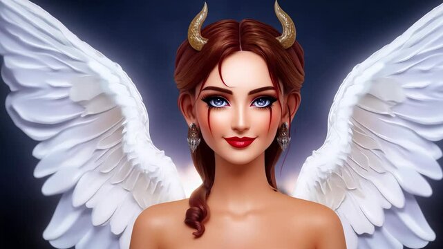 Fantasy woman with angel wings and devil horns, looking confidently at the camera with a mischievous smile.