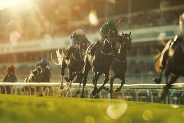 Sunset-lit horse race showcasing several riders pushing their steeds with determination as they race on a well-maintained track.