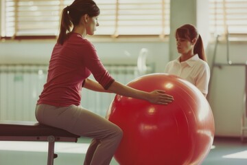 A woman in workout attire sits on a bench, using a large red exercise ball, while a trainer in white guides her in a modern gym setting with soft, ambient lighting.