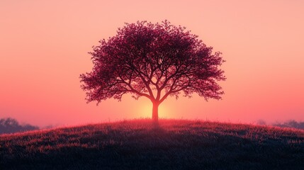 Fototapeta premium Silhouette of Lone Tree on Grassy Hill at Sunset