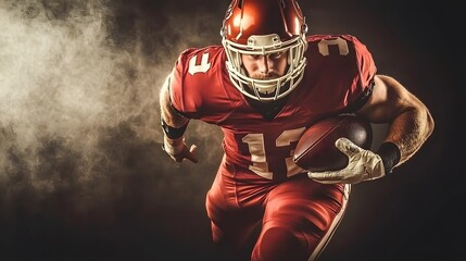 A determined football player runs with the ball in his hand.