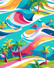Coconut trees and beach waves seamless design pattern wallpaper