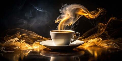 Silky white vapor swirling around dark espresso, illuminated by a warm golden light, against a contrasty black background to highlight the rich colors and velvety texture.
