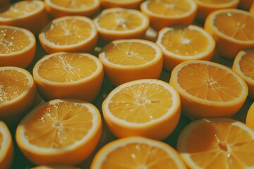 Fototapeta premium Freshly cut orange halves neatly arranged, showcasing their vibrant color and juicy texture.