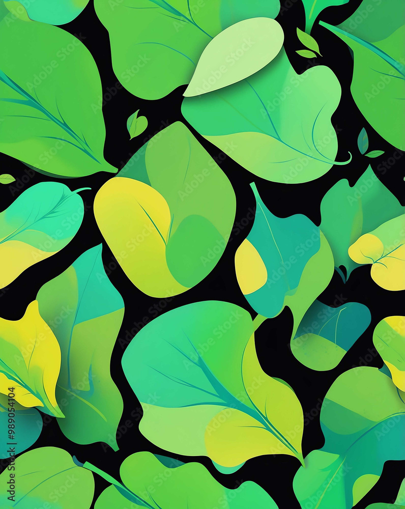 Sticker Green leaves and black outlines seamless pattern wallpaper design