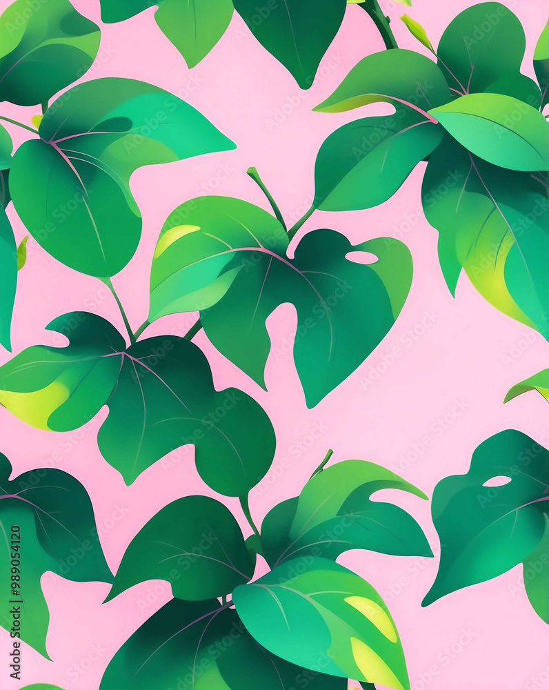 Poster Green leaves with pastel pink hints seamless pattern wallpaper design