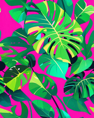 Green monstera leaves and geometric lines seamless pattern design wallpaper
