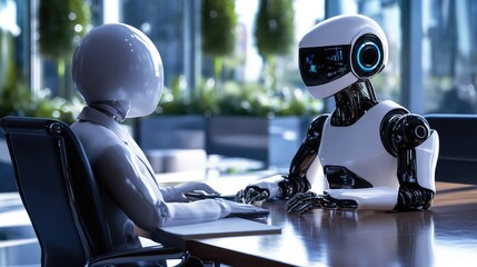 Fototapeta premium AI robot sitting with a human at a conference table in a high-tech business environment, symbolizing tech collaboration. No logo, futuristic concept.