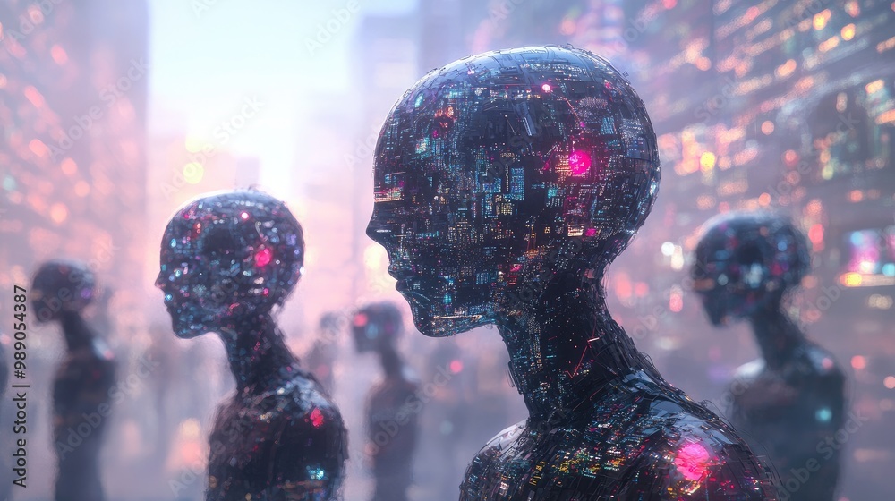 Poster ai robots bridging human input, data streams, and advanced neural networks in an interconnected big 
