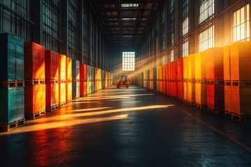 Warehouse Interior with Colorful Stacked Boxes and Sunlight