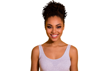 Close up photo beautiful amazing funny she her dark skin lady show white perfect ideal teeth carefree weekend vacation summer street look wear casual tank-top isolated vivid yellow background