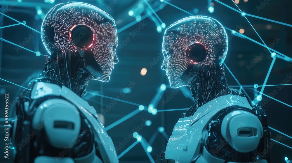 Poster ai robots synchronizing with data networks, transfer protocols, and a digital brain, representing hu