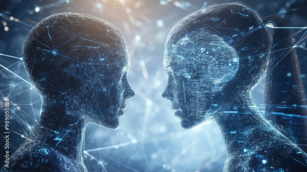Poster ai robots synchronizing with data networks, transfer protocols, and a digital brain, representing hu