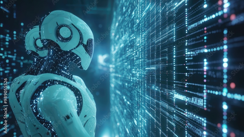 Poster ai robots synchronizing with data networks, transfer protocols, and a digital brain, representing hu