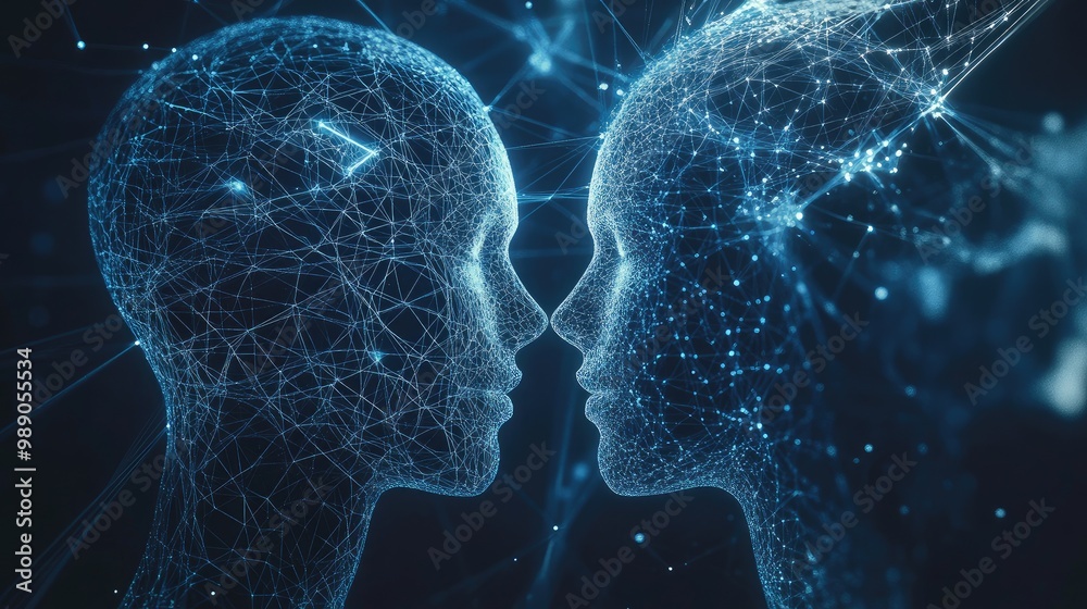 Poster ai robots visualizing data transfer and human interaction, with connections to ai-powered brain and 