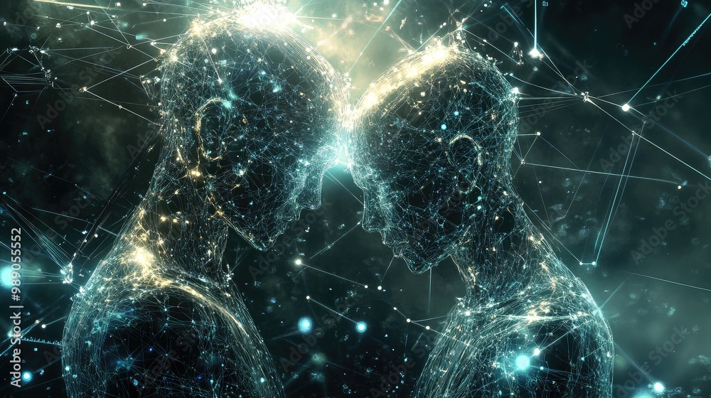 Poster ai robots visualizing data transfer and human interaction, with connections to ai-powered brain and 